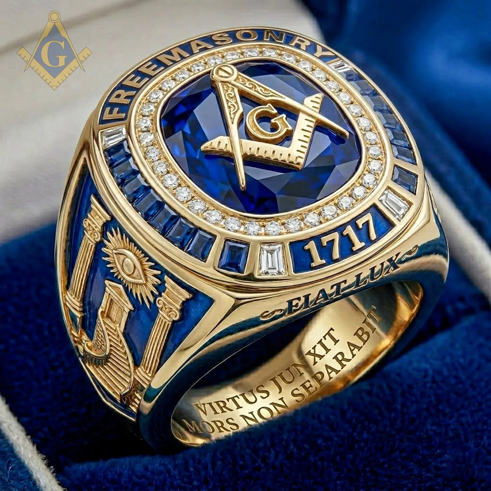 Freemasonry Masonic Blue Sapphire Gold Plated Ring with Square and Compass 2 Freemasonry Masonic Blue Sapphire Gold Plated Ring with Square and Compass