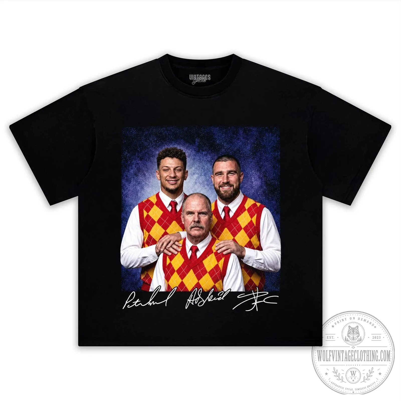 Patrick Mahomes Travis Kelce Andy Reid Argyle Sweater Vest Portrait T-Shirt