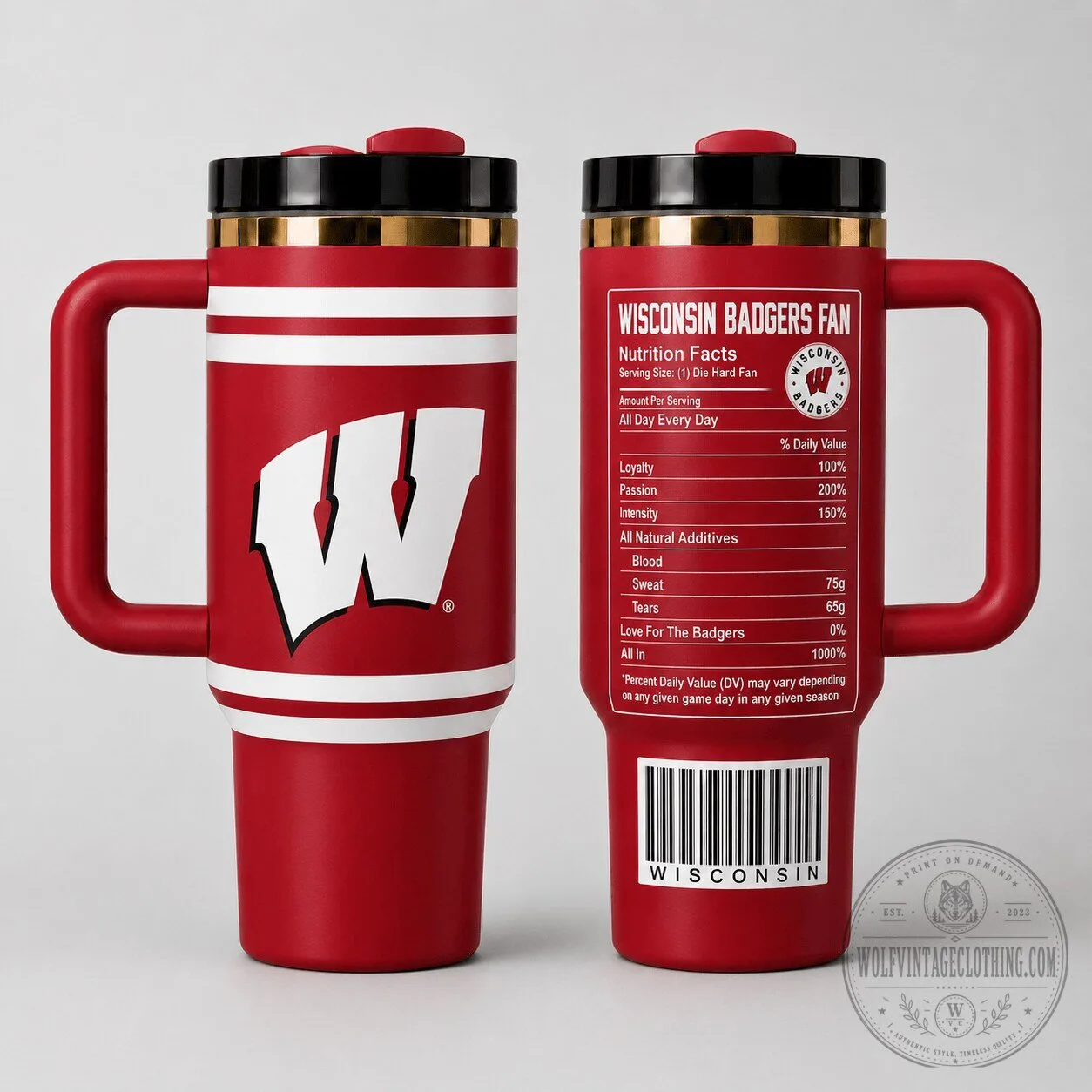 Wisconsin Badgers Fan Nutrition Facts Stainless Steel Insulated Tumbler with Handle