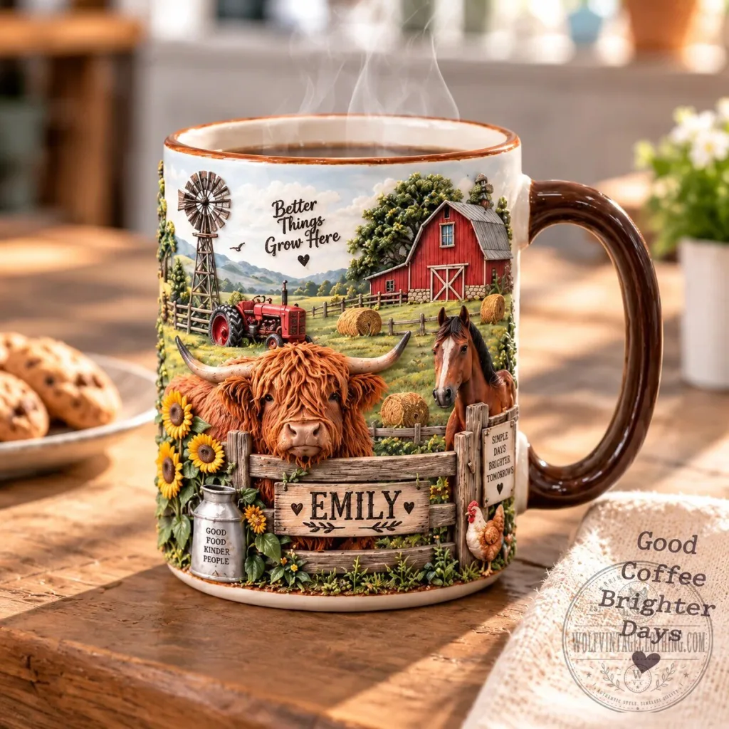 Personalized Farm Life Highland Cow Red Barn Mug Personalized Farm Life Highland Cow Red Barn Mug