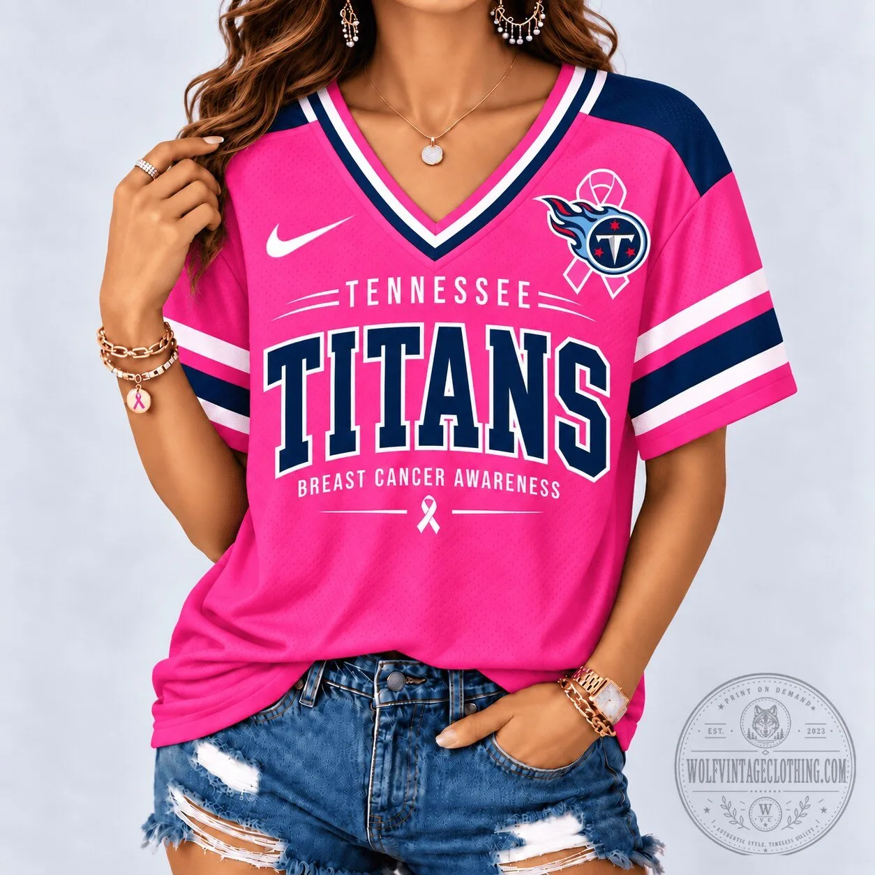 Tennessee Titans Pink Breast Cancer Awareness V-Neck Football Jersey 2 Tennessee Titans Pink Breast Cancer Awareness V-Neck Football Jersey