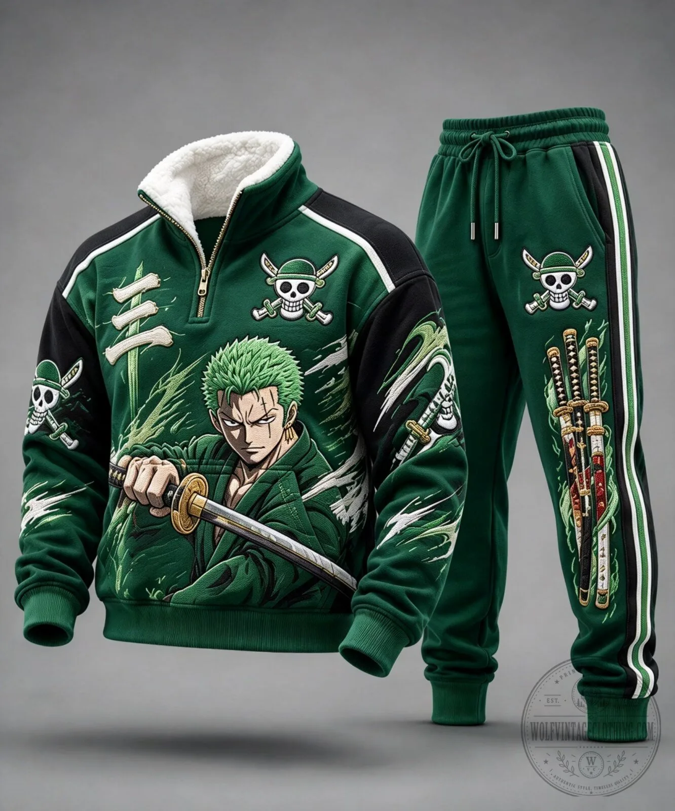 Roronoa Zoro One Piece Anime Character Green Quarter Zip Sweatshirt and Pants Set