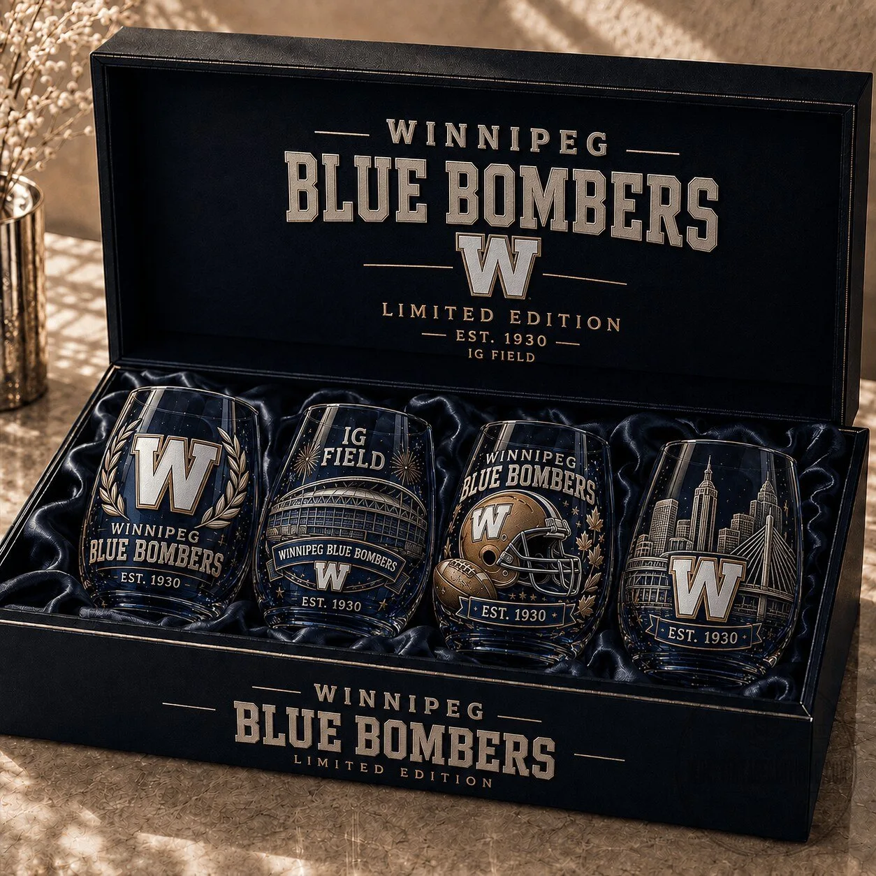 Winnipeg Blue Bombers Canadian Football League Stemless Drinking Glass Set