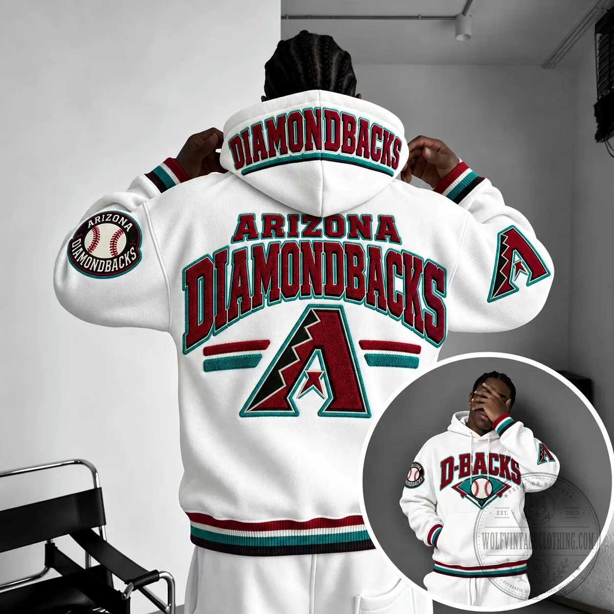 Arizona Diamondbacks MLB Baseball Team Logo Embroidered White Hoodie 5 Arizona Diamondbacks MLB Baseball Team Logo Embroidered White Hoodie