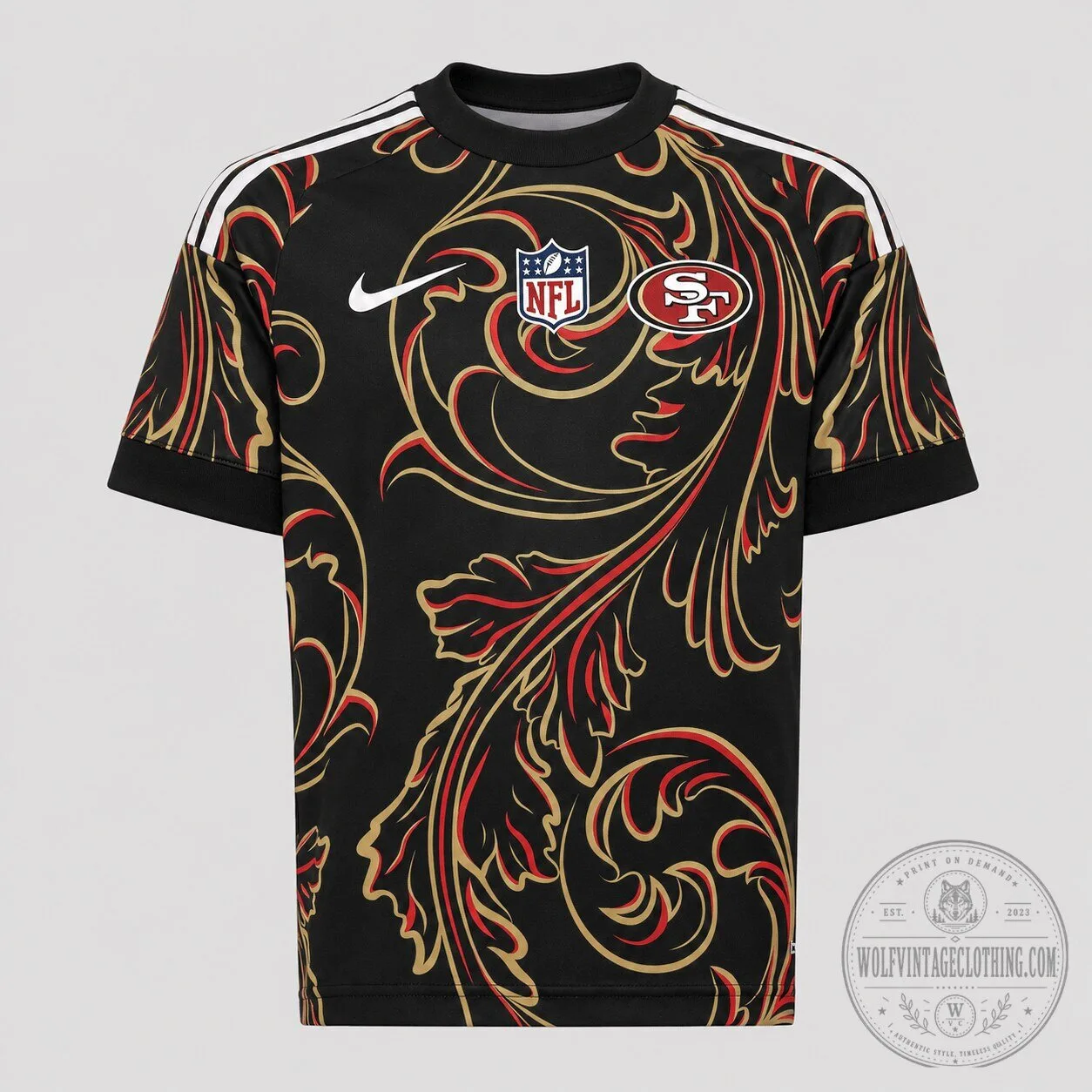 San Francisco 49ers NFL Black and Gold Floral Pattern Short Sleeve T-Shirt