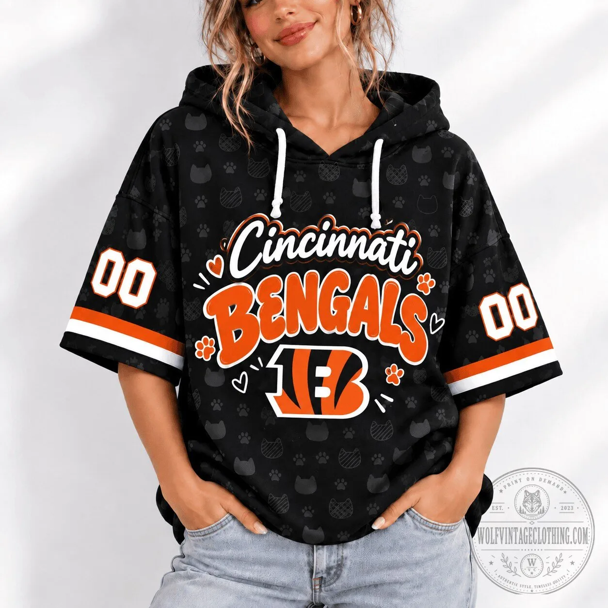 Women's Short Sleeve Hoodie Featuring Cincinnati Bengals Football Team 1 Women's Short Sleeve Hoodie Featuring Cincinnati Bengals Football Team