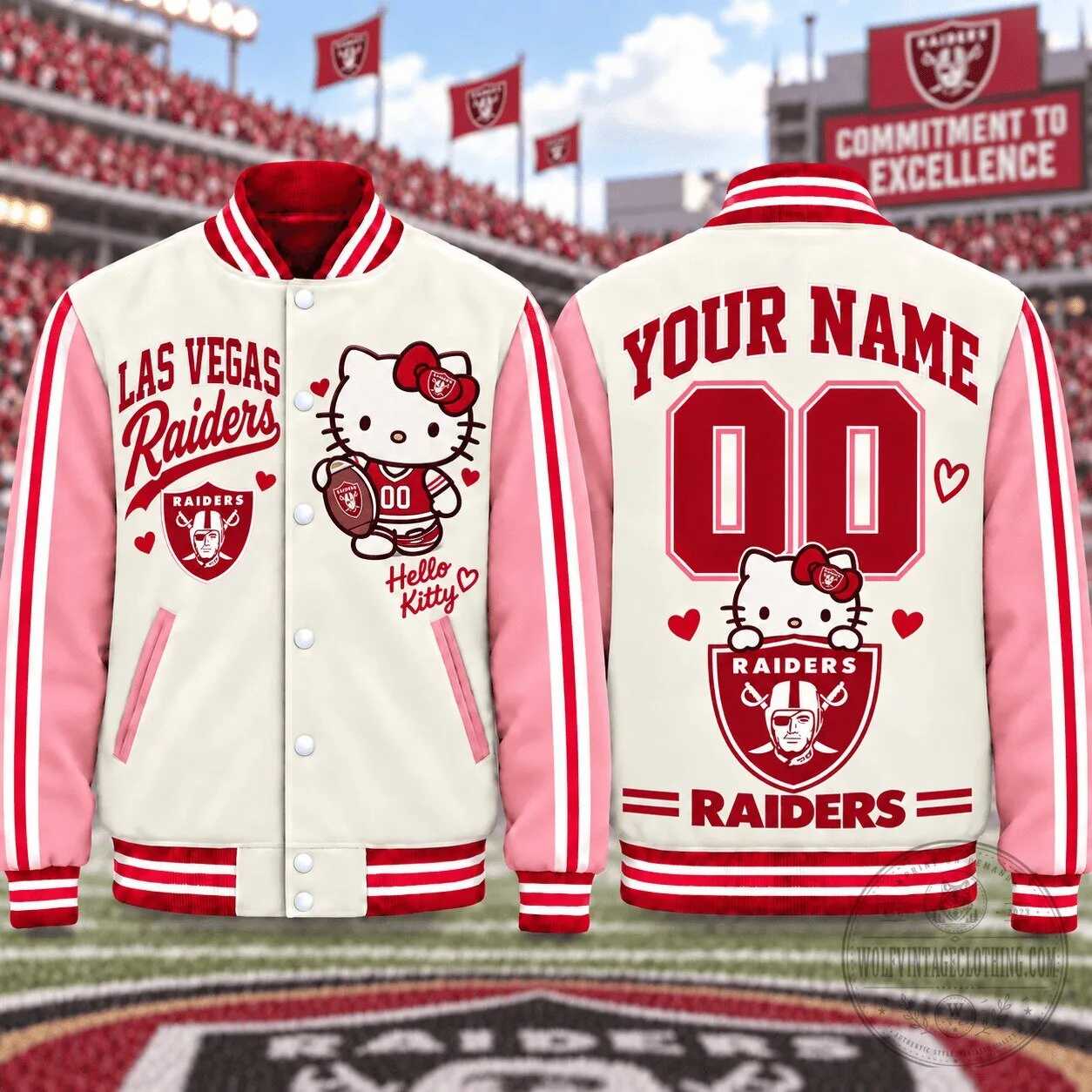Las Vegas Raiders Hello Kitty Personalized Name and Number Varsity Jacket