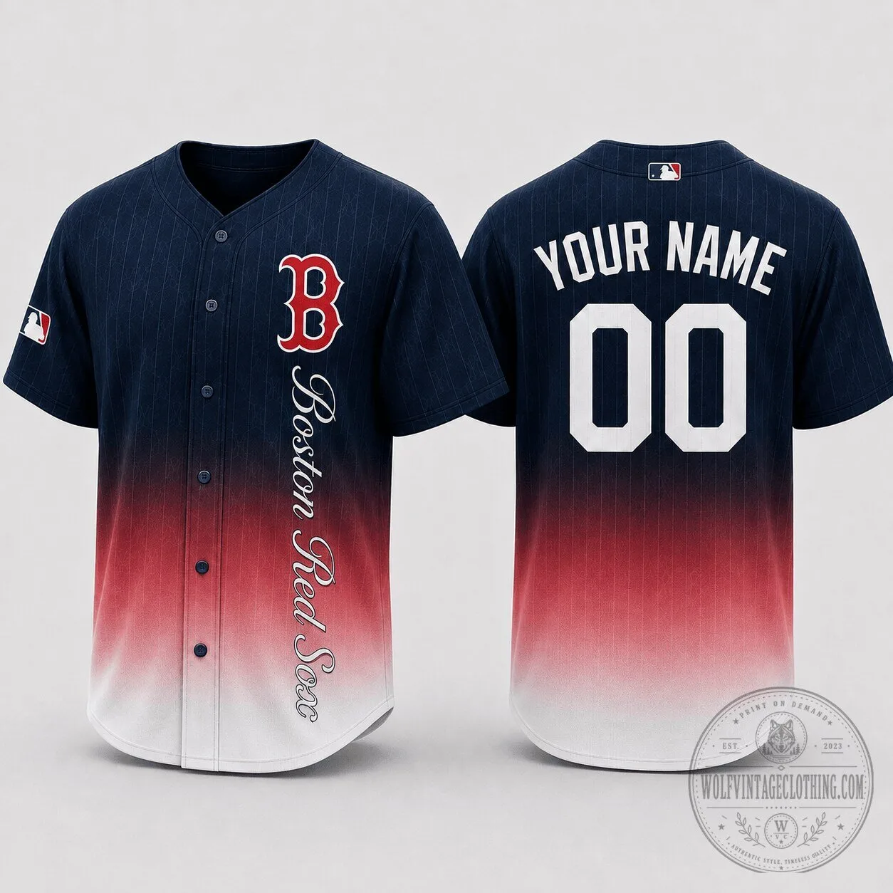 Boston Red Sox Baseball Team Navy Red Ombre Pinstripe Personalized Baseball Jersey