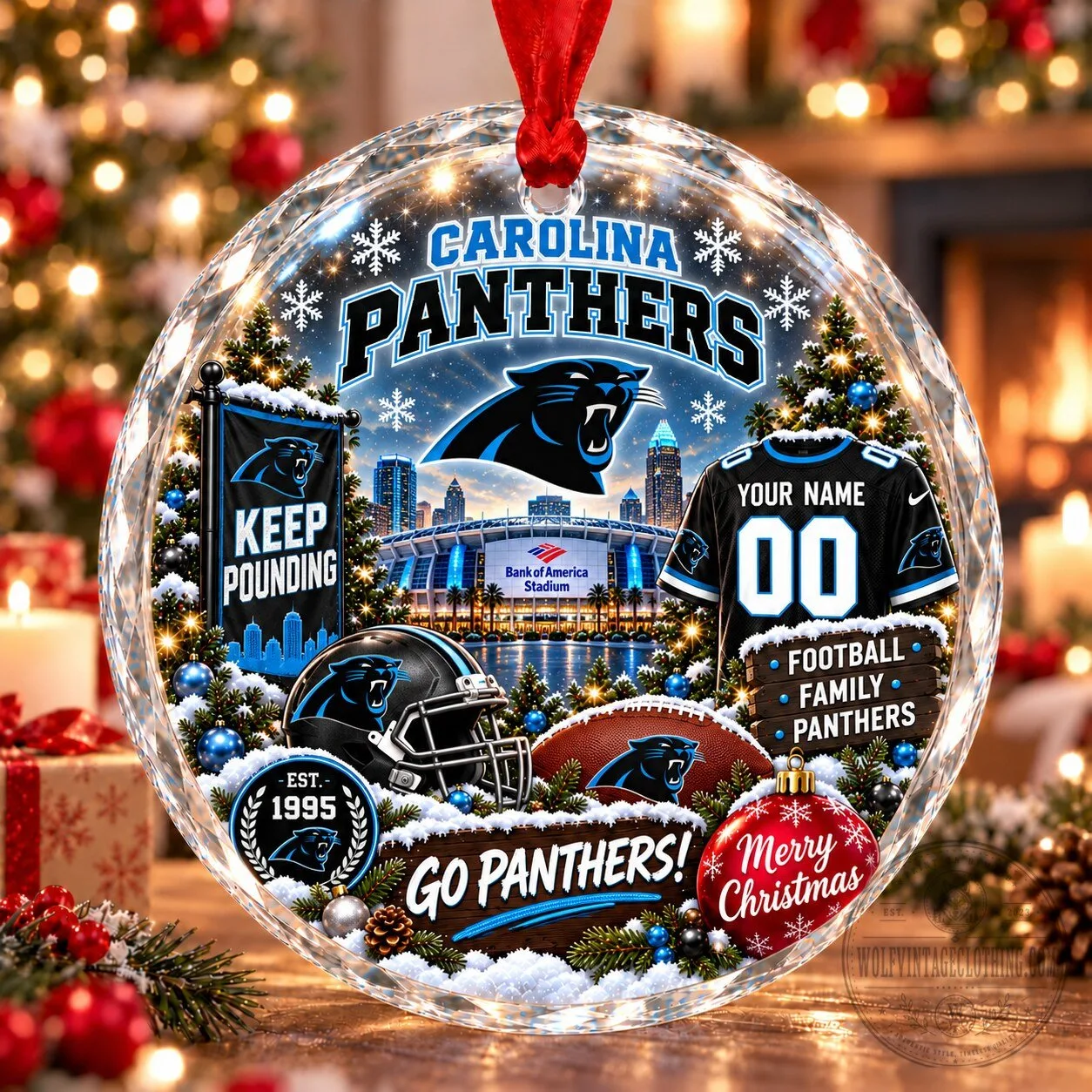 Carolina Panthers Christmas Stadium Snow Vibe Glass Holiday Ornament