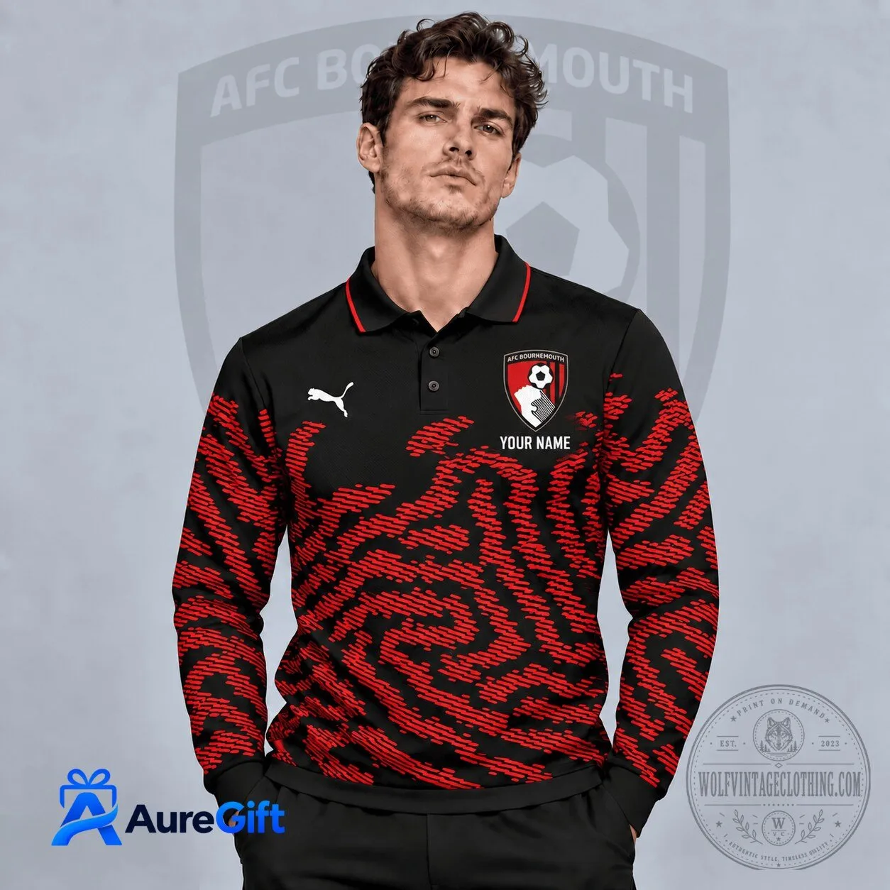 AFC Bournemouth Personalized Black Red Pattern Long Sleeve Polo Shirt