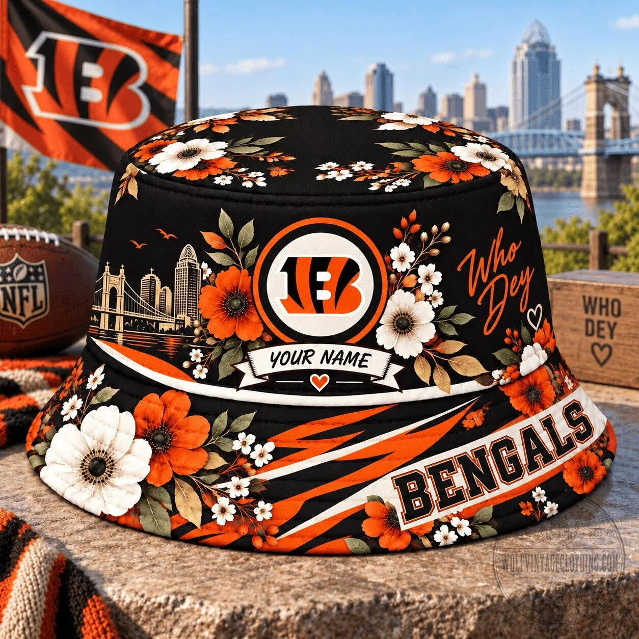 Cincinnati Bengals Personalized Floral Black Bucket Hat