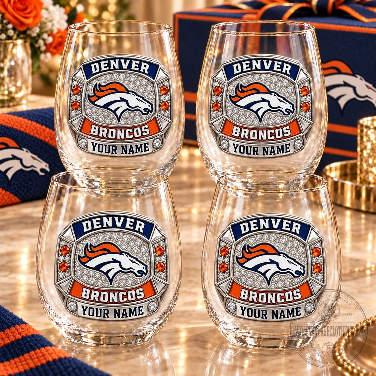 Denver Broncos NFL Football Team Personalized Stemless Wine Glass Set