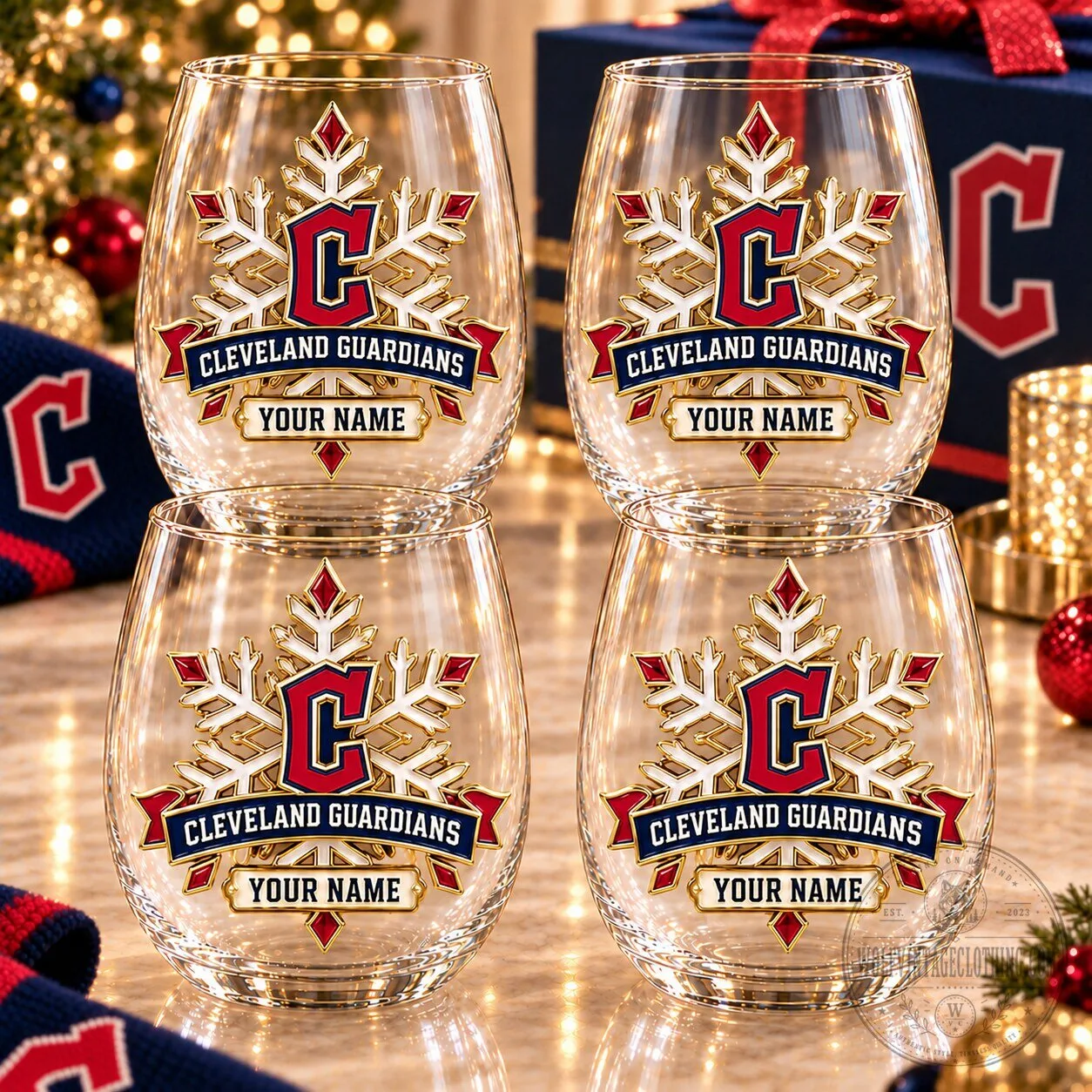 Cleveland Guardians Personalized Snowflake Stemless Wine Glass Set
