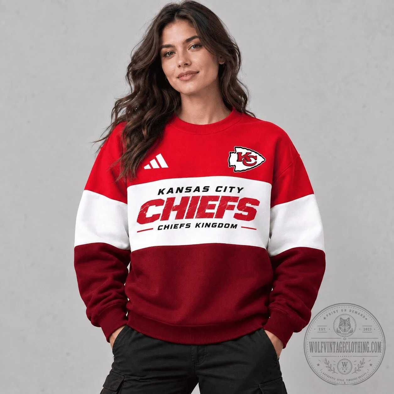 Kansas City Chiefs Kingdom Red White Burgundy Block Crewneck Sweatshirt