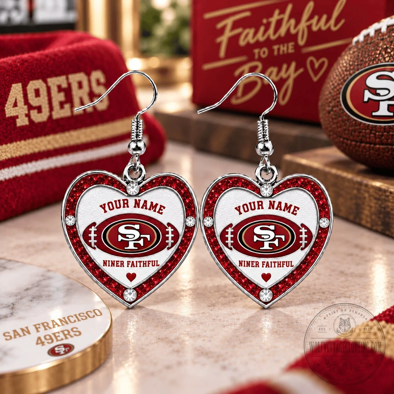 Personalized San Francisco 49ers Heart Dangle Earrings for Women