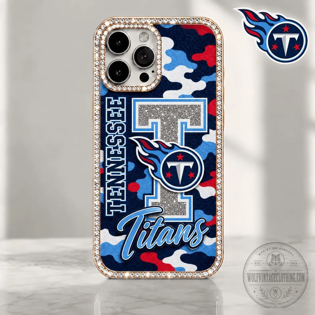 Camouflage Bling Phone Case with Gold Trim for Tennessee Titans NFL Fans Camouflage Bling Phone Case with Gold Trim for Tennessee Titans NFL Fans