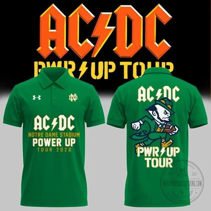 2026 Green Polo Shirt for Notre Dame Football AC/DC Power Up Tour