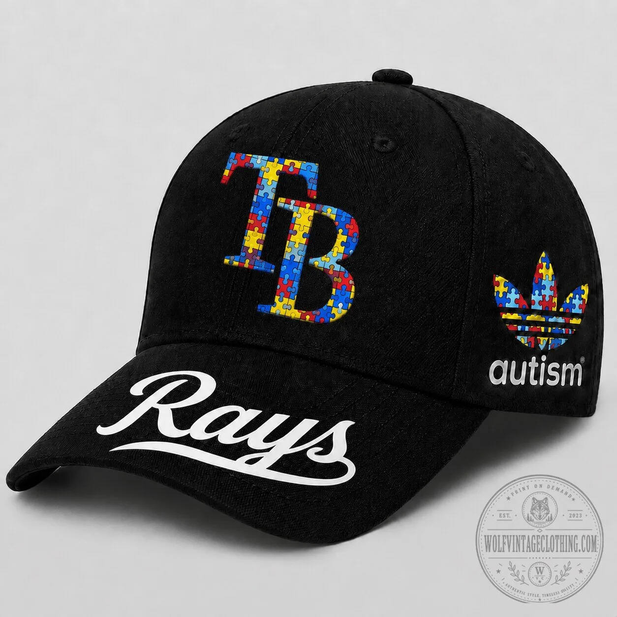 Black Hat Cap featuring Puzzle Pattern for Autism Awareness - Tampa Bay Rays Baseball