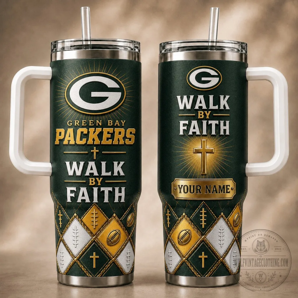 Green Bay Packers Walk By Faith Personalized Insulated Tumbler with Handle Green Bay Packers Walk By Faith Personalized Insulated Tumbler with Handle