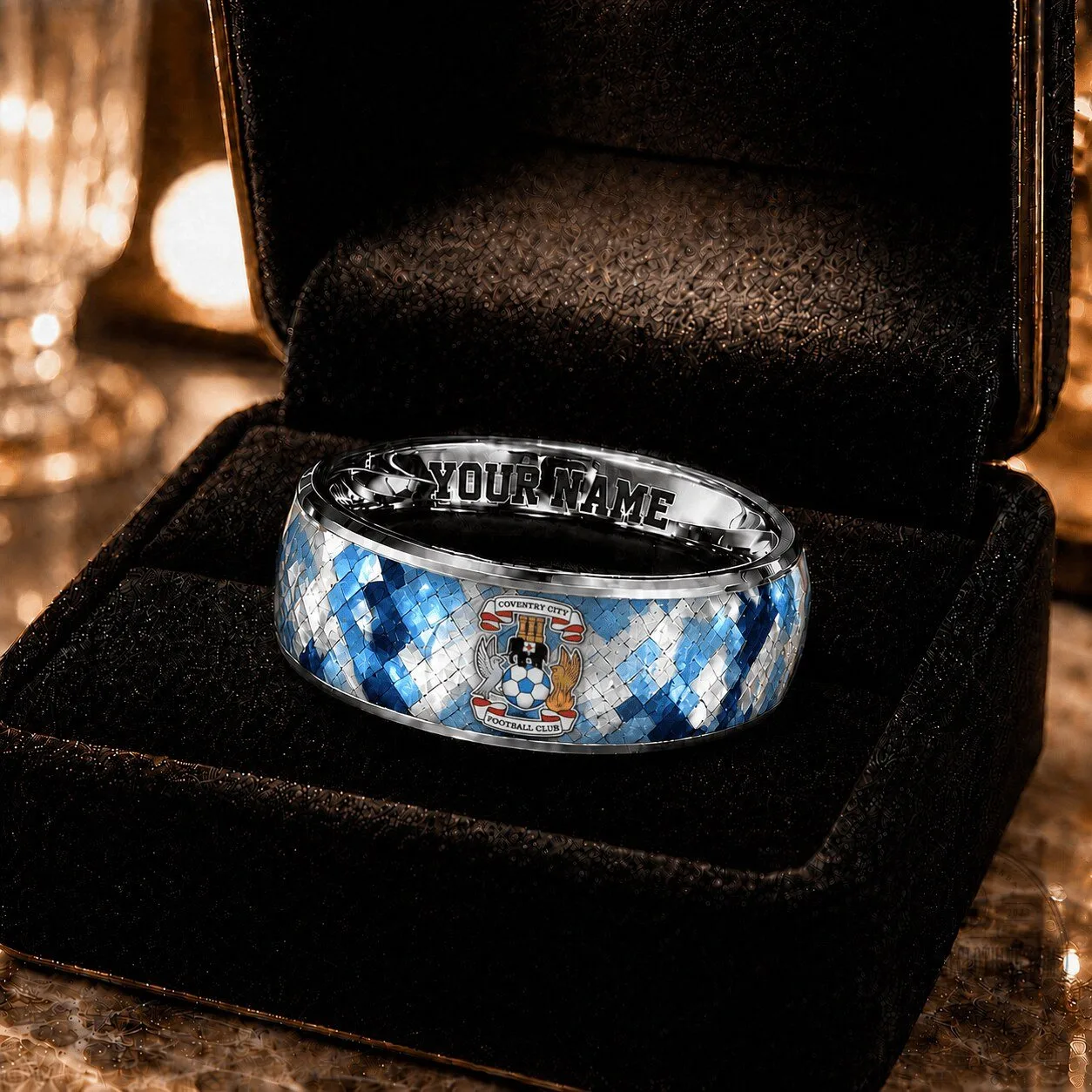 Coventry City Football Club Sky Blues Pattern Custom Engraved Ring