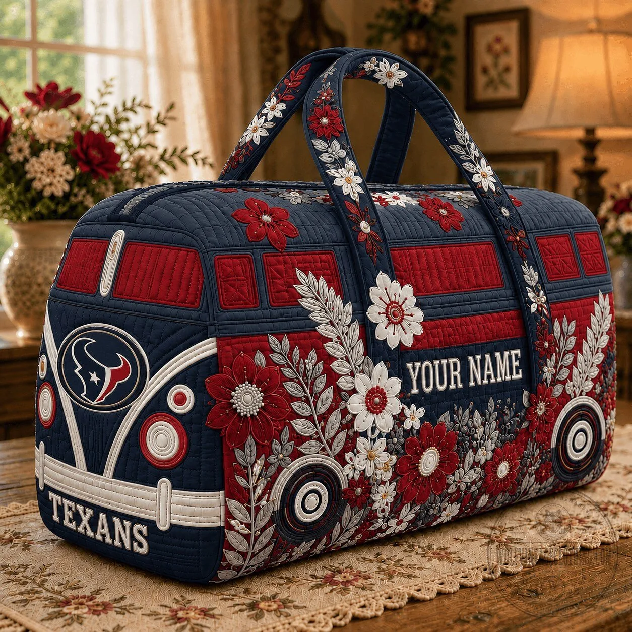 Houston Texans Floral Volkswagen Bus Quilted Duffle Bag