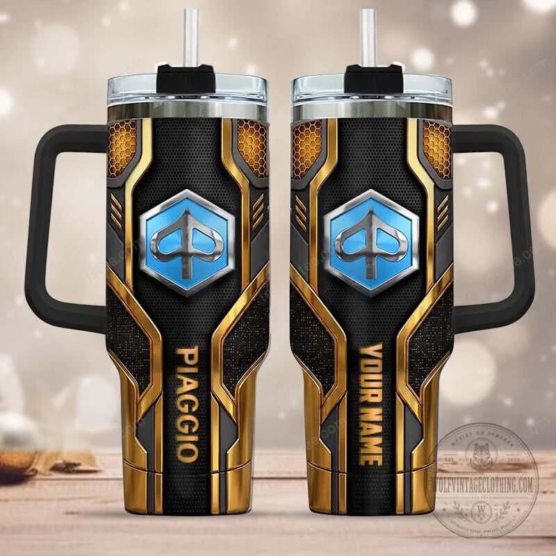 Piaggio Motorcycle Logo Black Gold Pattern Insulated Tumbler with Handle 1 Piaggio Motorcycle Logo Black Gold Pattern Insulated Tumbler with Handle