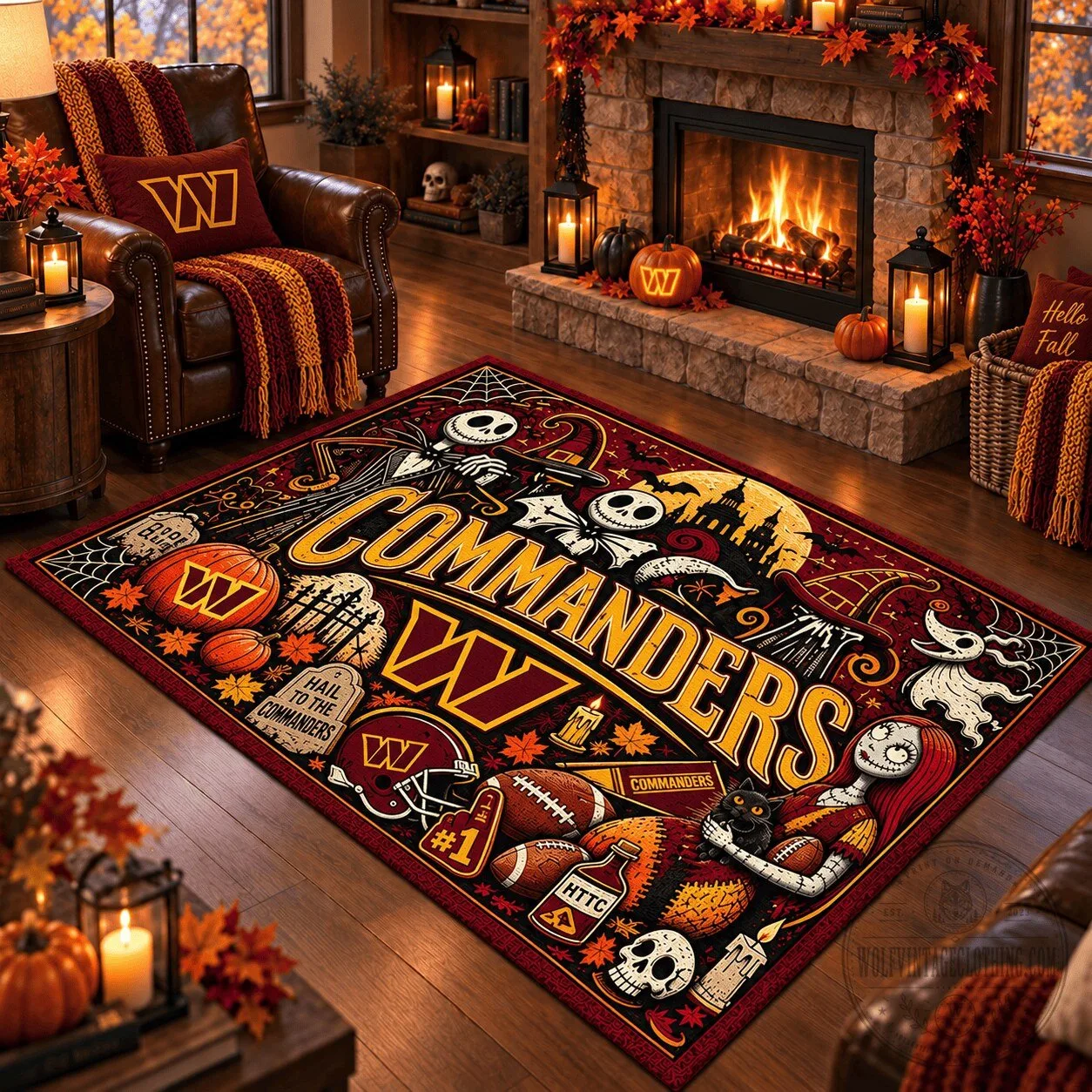 Washington Commanders Halloween Jack Skellington Football Team Area Rug