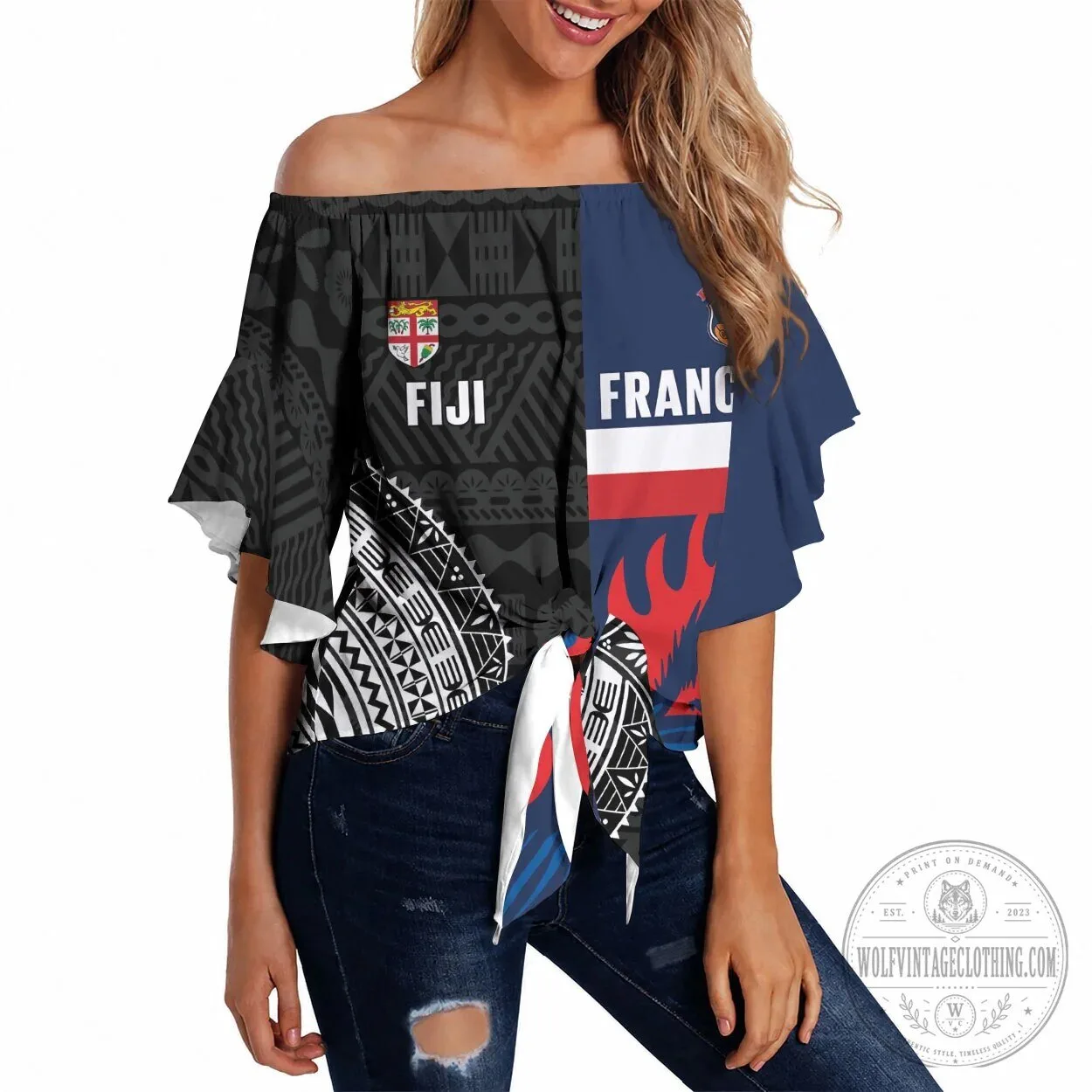 Fiji and France Rugby Team Off Shoulder Wrap Waist Top for Women 2 Fiji and France Rugby Team Off Shoulder Wrap Waist Top for Women
