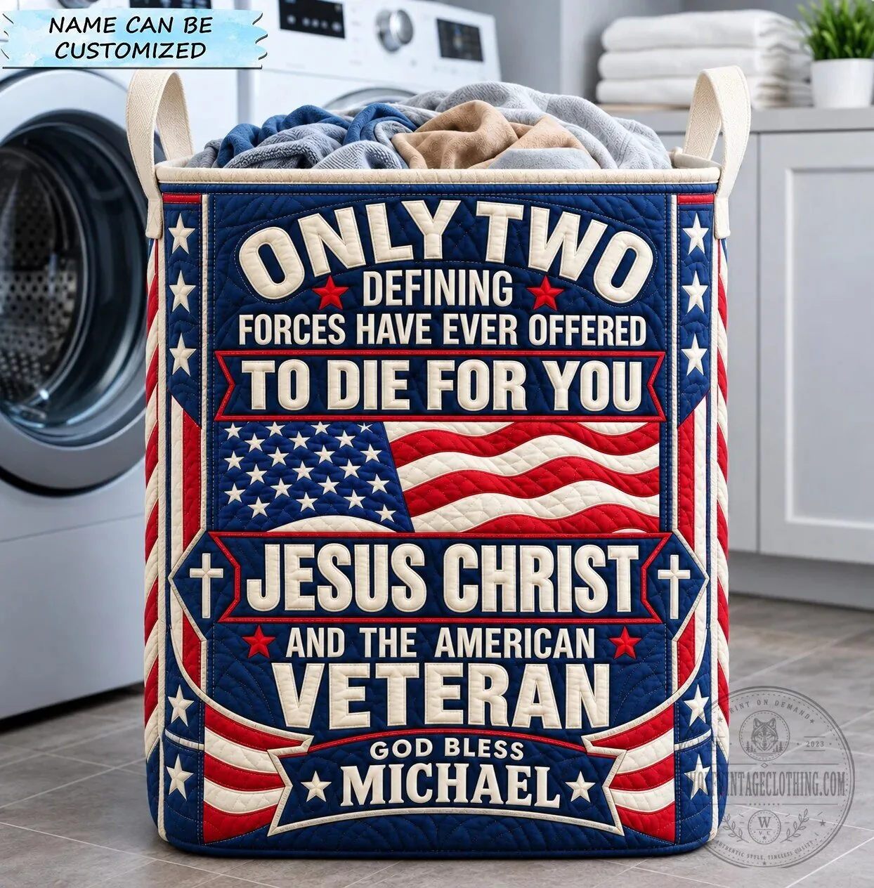 Jesus Christ and American Veteran God Bless Michael Quilted Laundry Basket