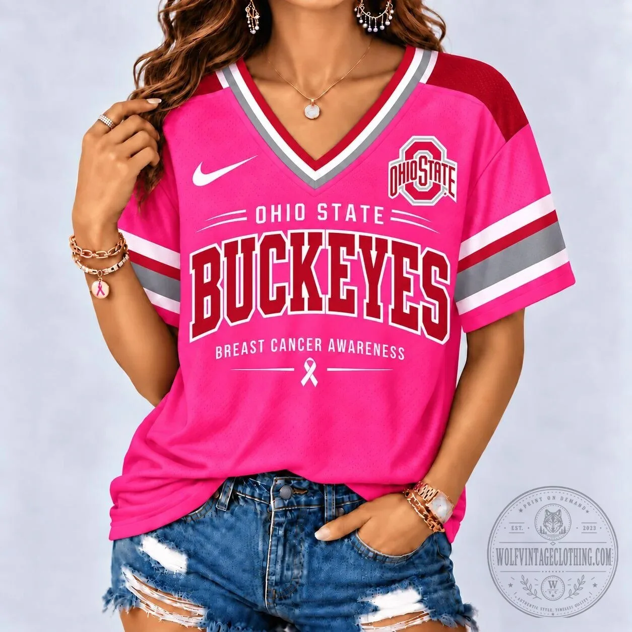 Ohio State Buckeyes Pink Breast Cancer Awareness V-Neck Football Jersey 2 Ohio State Buckeyes Pink Breast Cancer Awareness V-Neck Football Jersey