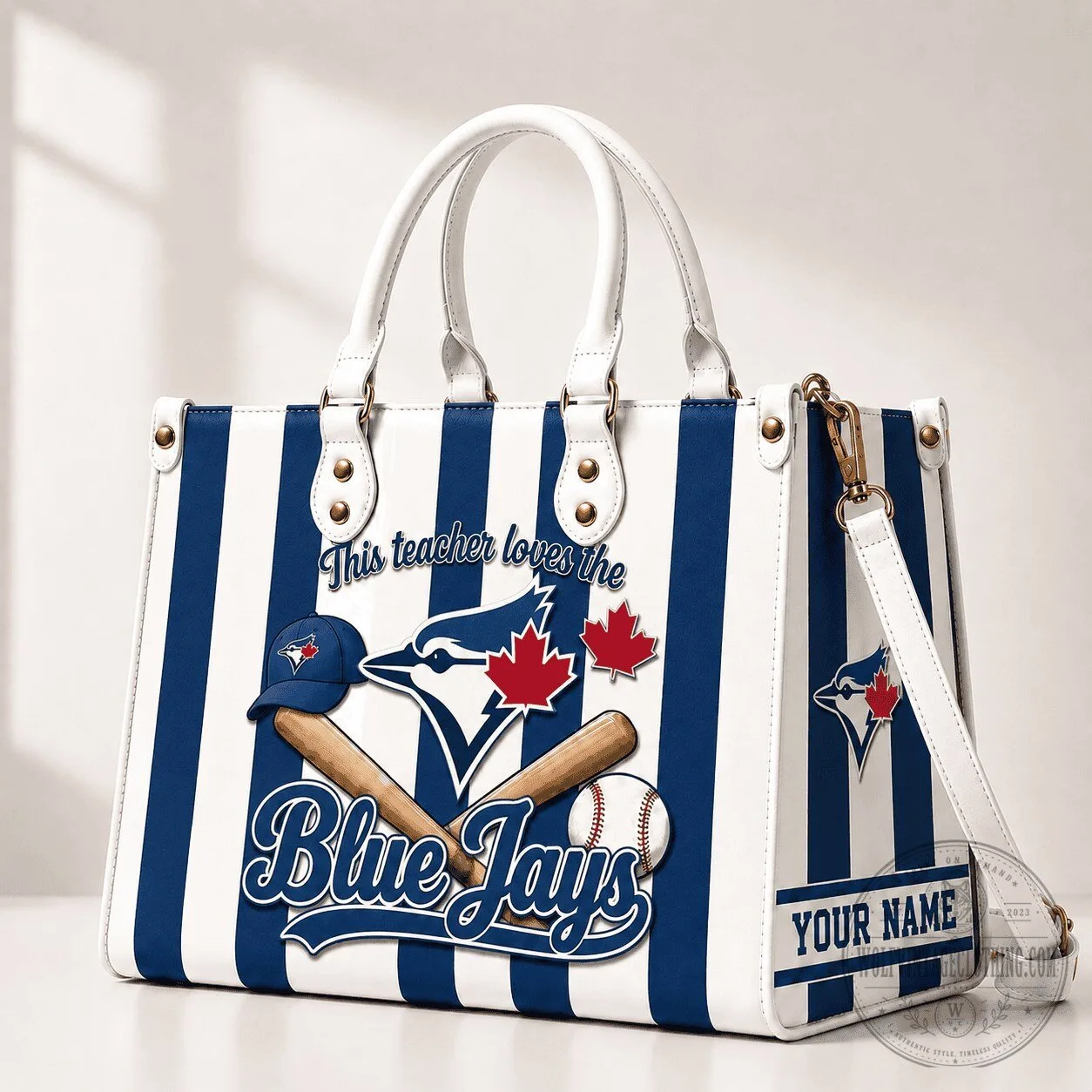 Toronto Blue Jays Baseball Team Striped Personalized Leather Handbag