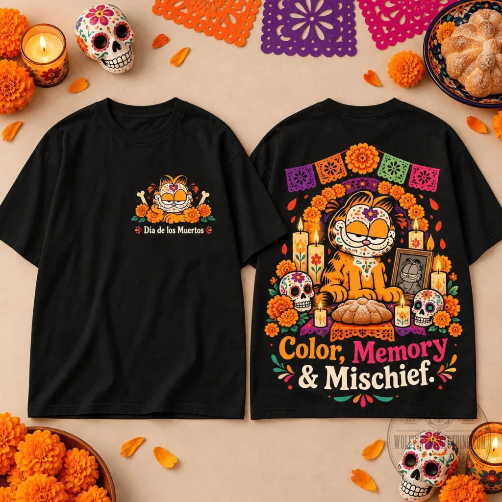 Garfield Dia de los Muertos Color Memory Mischief Black T-Shirt Garfield Dia de los Muertos Color Memory Mischief Black T-Shirt