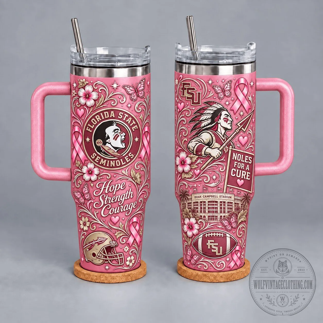Florida State Seminoles Breast Cancer Awareness Hope Strength Courage Tumbler