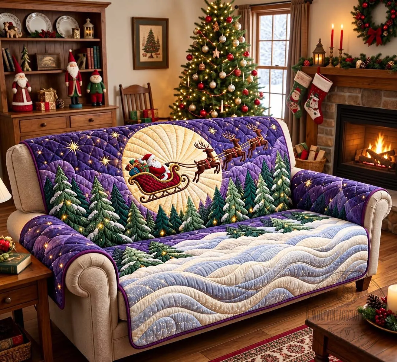 Moonlit Sleigh Ride Quilted Sofa Cover for Christmas Holiday Decor