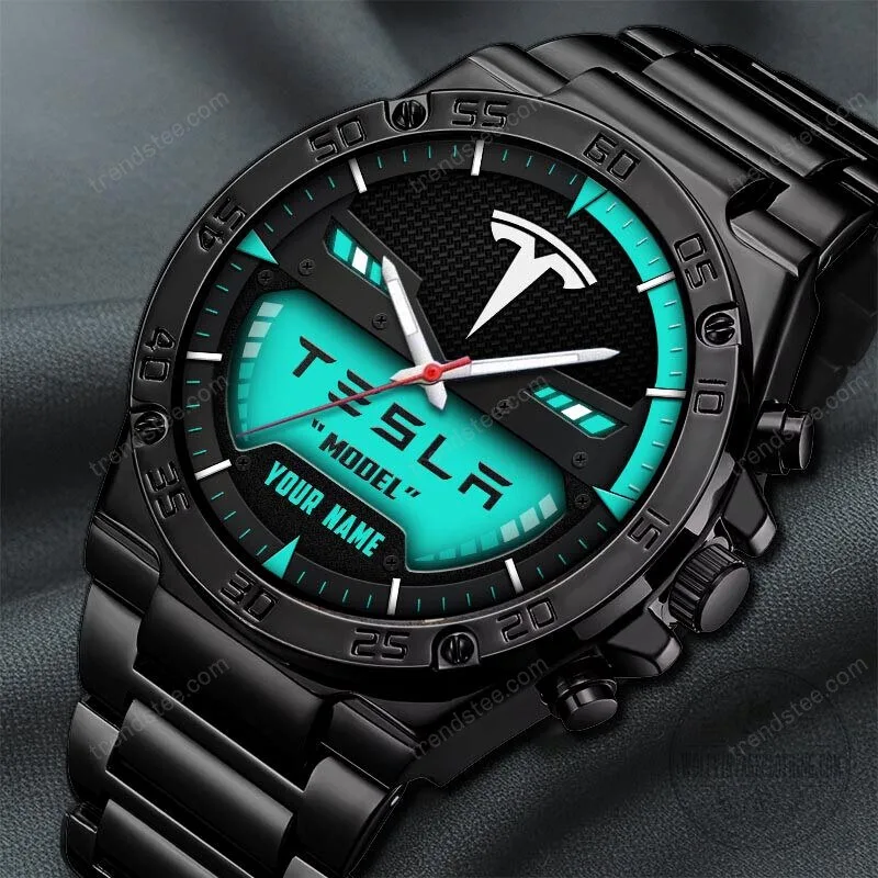 Tesla Custom Name Black and Blue Luxury Stainless Steel Watch 22 Tesla Custom Name Black and Blue Luxury Stainless Steel Watch