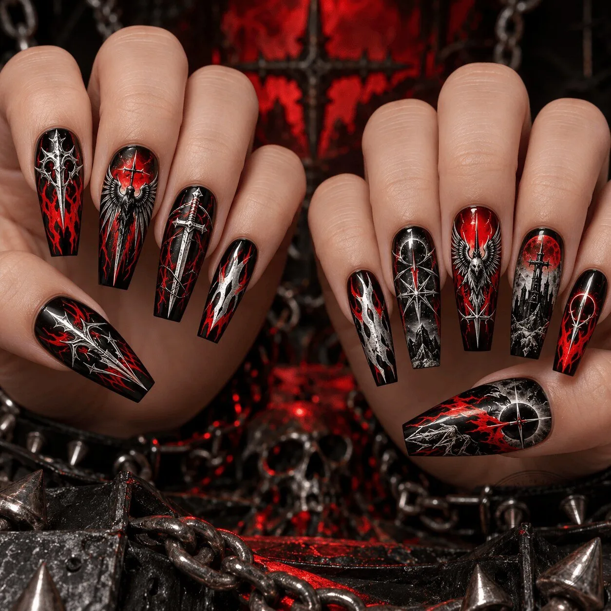 Slayer Thrash Metal Gothic Red and Black Coffin Press-On Nails Set 2 Slayer Thrash Metal Gothic Red and Black Coffin Press-On Nails Set