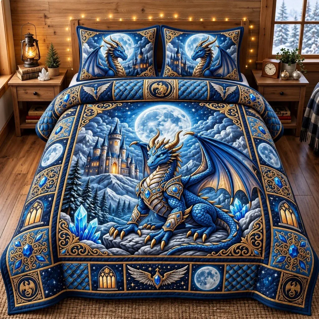 Mystic Blue Dragon and Castle Fantasy Quilted Bedding Set with Pillow Shams Mystic Blue Dragon and Castle Fantasy Quilted Bedding Set with Pillow Shams