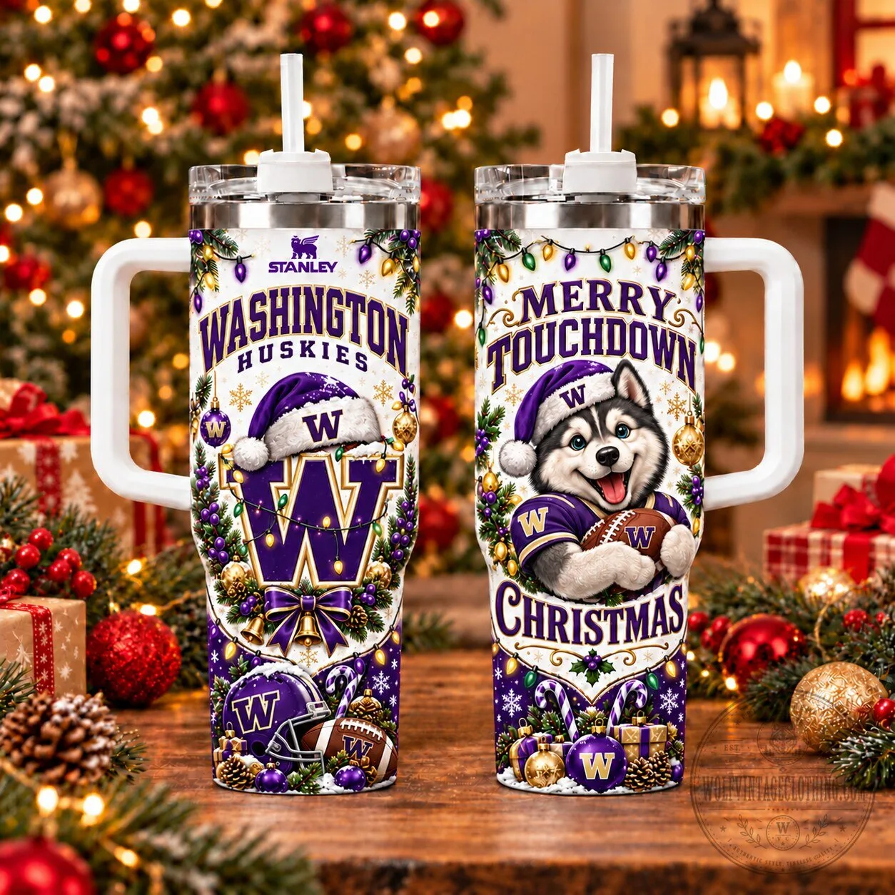 Washington Huskies Merry Touchdown Christmas Holiday Stainless Steel Tumbler