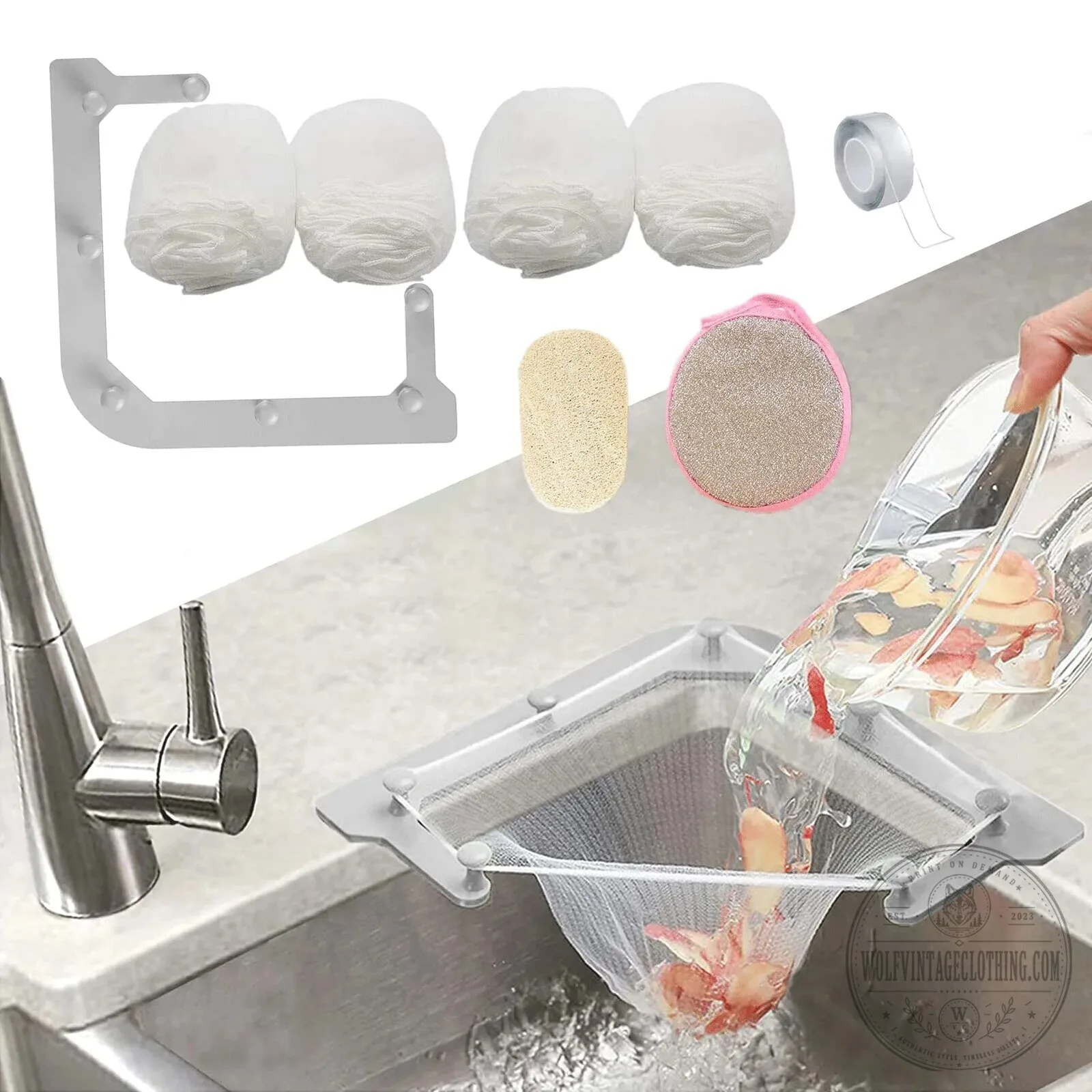 Kitchen Sink Strainer Basket with Filtering Mesh Bags and Rack for Food Waste 1 Kitchen Sink Strainer Basket with Filtering Mesh Bags and Rack for Food Waste