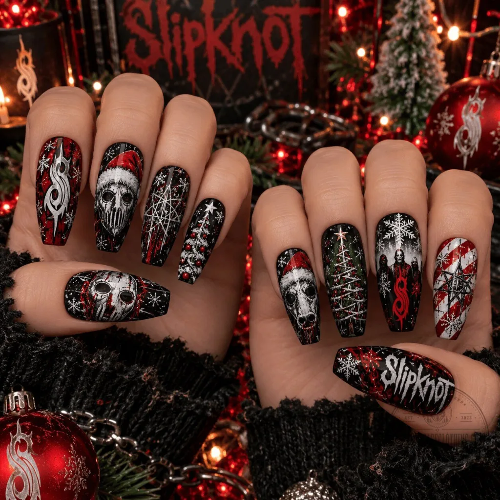 Slipknot Christmas Holiday Press On Nails Set with Santa Hat and Snowflake Designs Slipknot Christmas Holiday Press On Nails Set with Santa Hat and Snowflake Designs