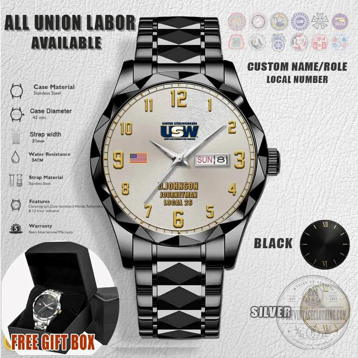 United Steelworkers Union Stainless Steel Watch for Men 6 United Steelworkers Union Stainless Steel Watch for Men