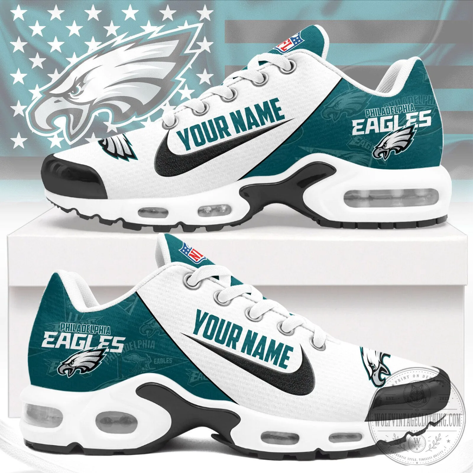 Custom Name Running Shoes in White and Teal for Philadelphia Eagles Fans