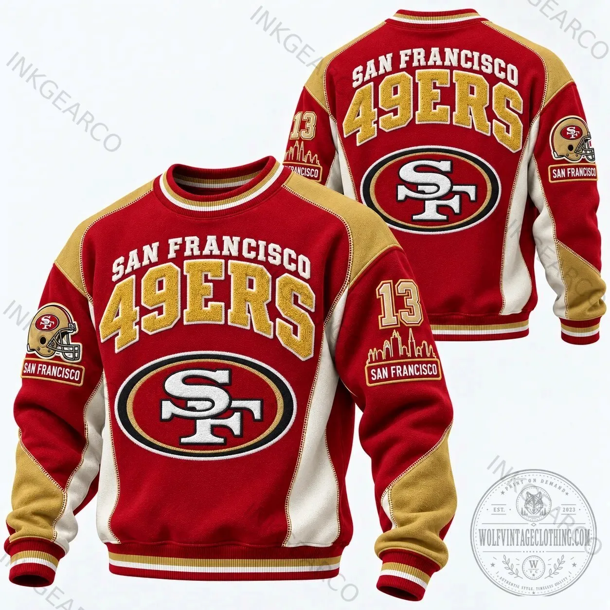 San Francisco 49ers Red and Gold Varsity Style Crewneck Sweatshirt 1 San Francisco 49ers Red and Gold Varsity Style Crewneck Sweatshirt