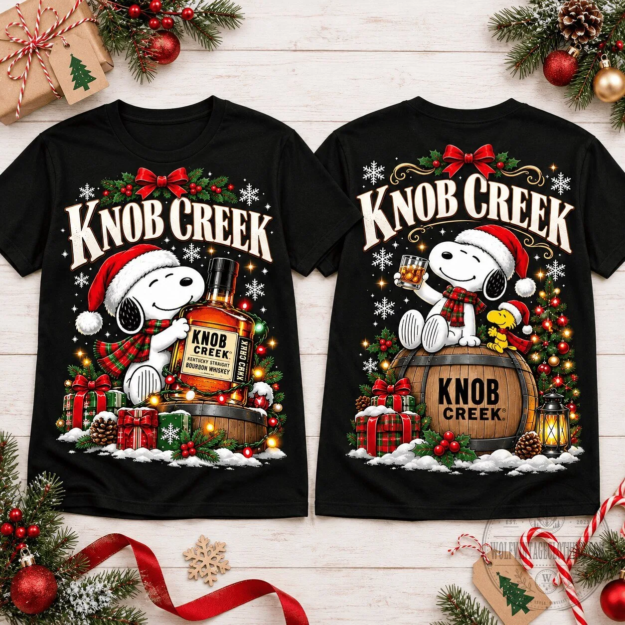 Knob Creek Bourbon Snoopy Christmas Holiday Black T-Shirt