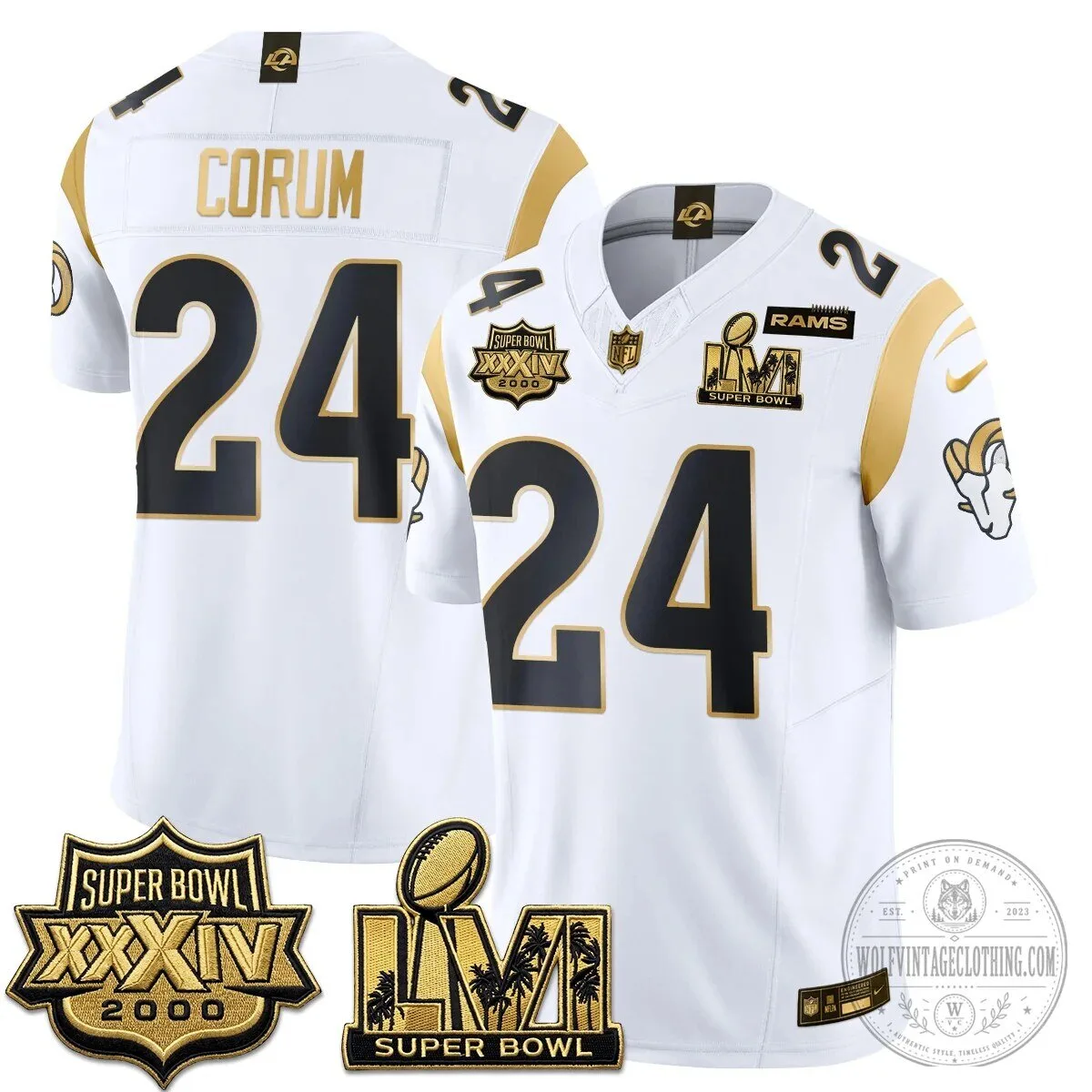 Los Angeles Rams Super Bowl Champions White Gold Vapor Football Jersey 55 Los Angeles Rams Super Bowl Champions White Gold Vapor Football Jersey
