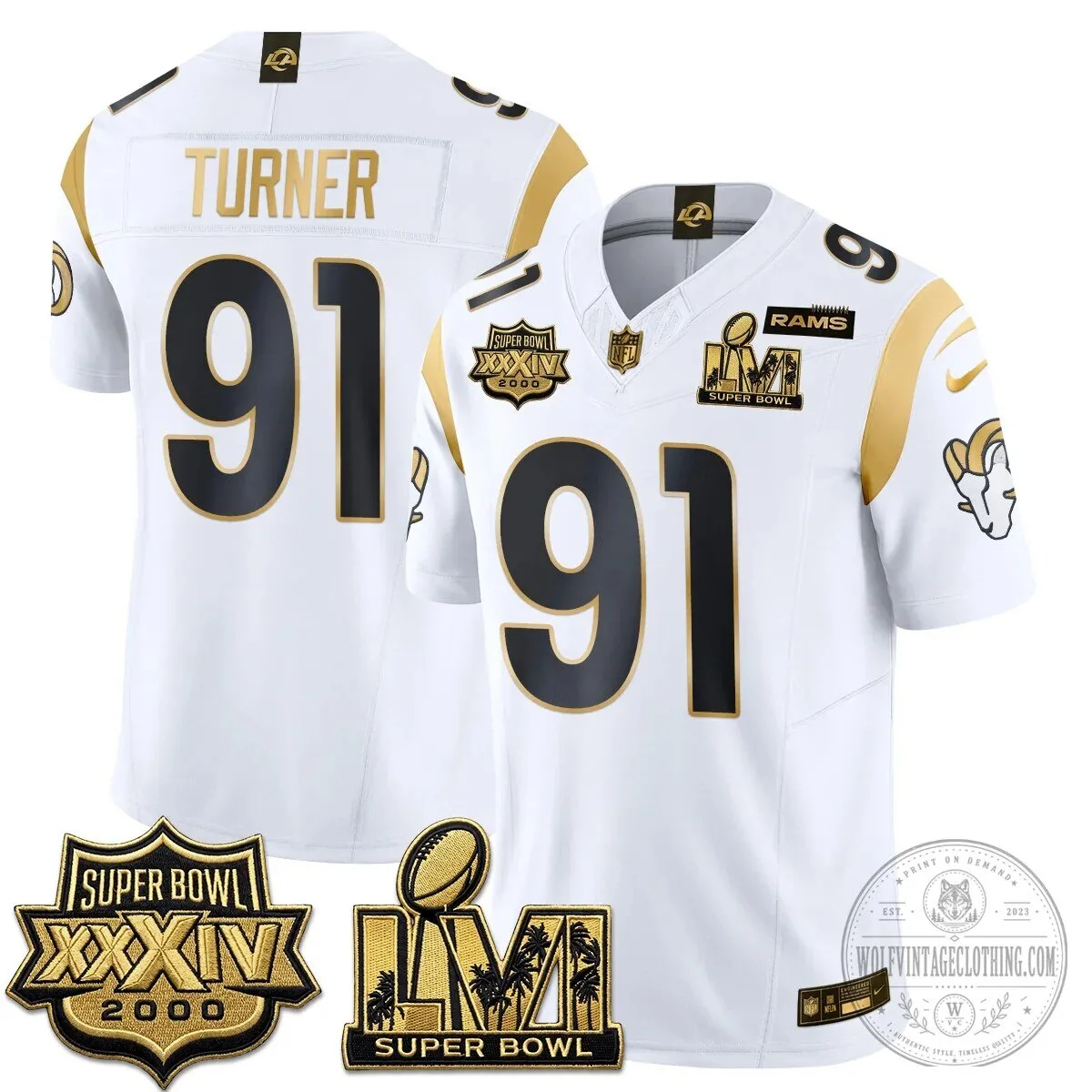 Los Angeles Rams Super Bowl Champions White Gold Vapor Football Jersey 56 Los Angeles Rams Super Bowl Champions White Gold Vapor Football Jersey