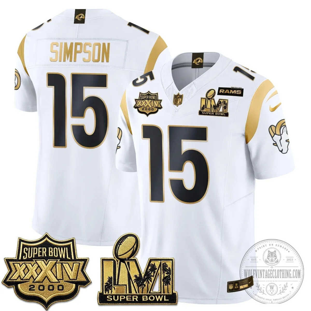 Los Angeles Rams Super Bowl Champions White Gold Vapor Football Jersey 58 Los Angeles Rams Super Bowl Champions White Gold Vapor Football Jersey