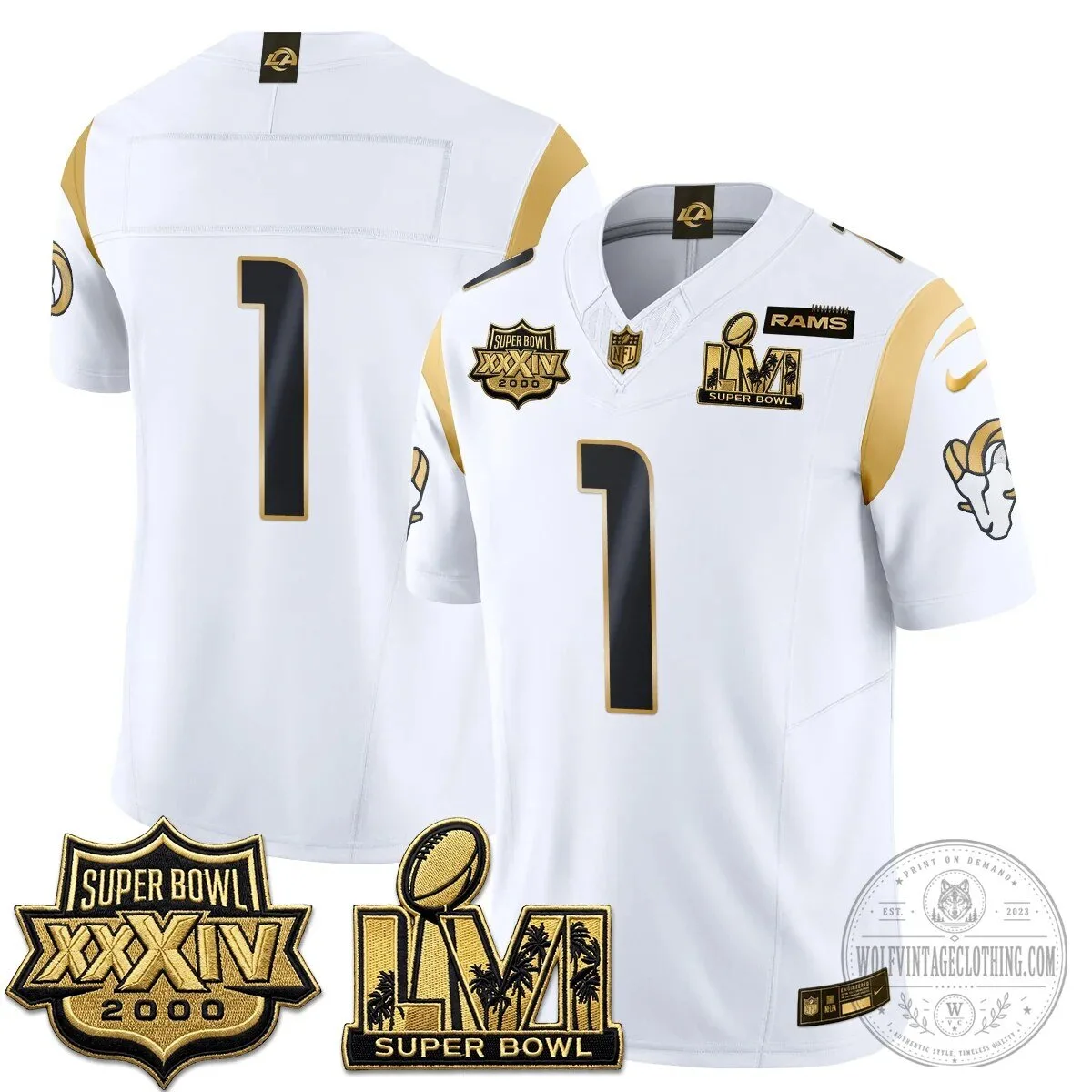 Los Angeles Rams Super Bowl Champions White Gold Vapor Football Jersey 60 Los Angeles Rams Super Bowl Champions White Gold Vapor Football Jersey