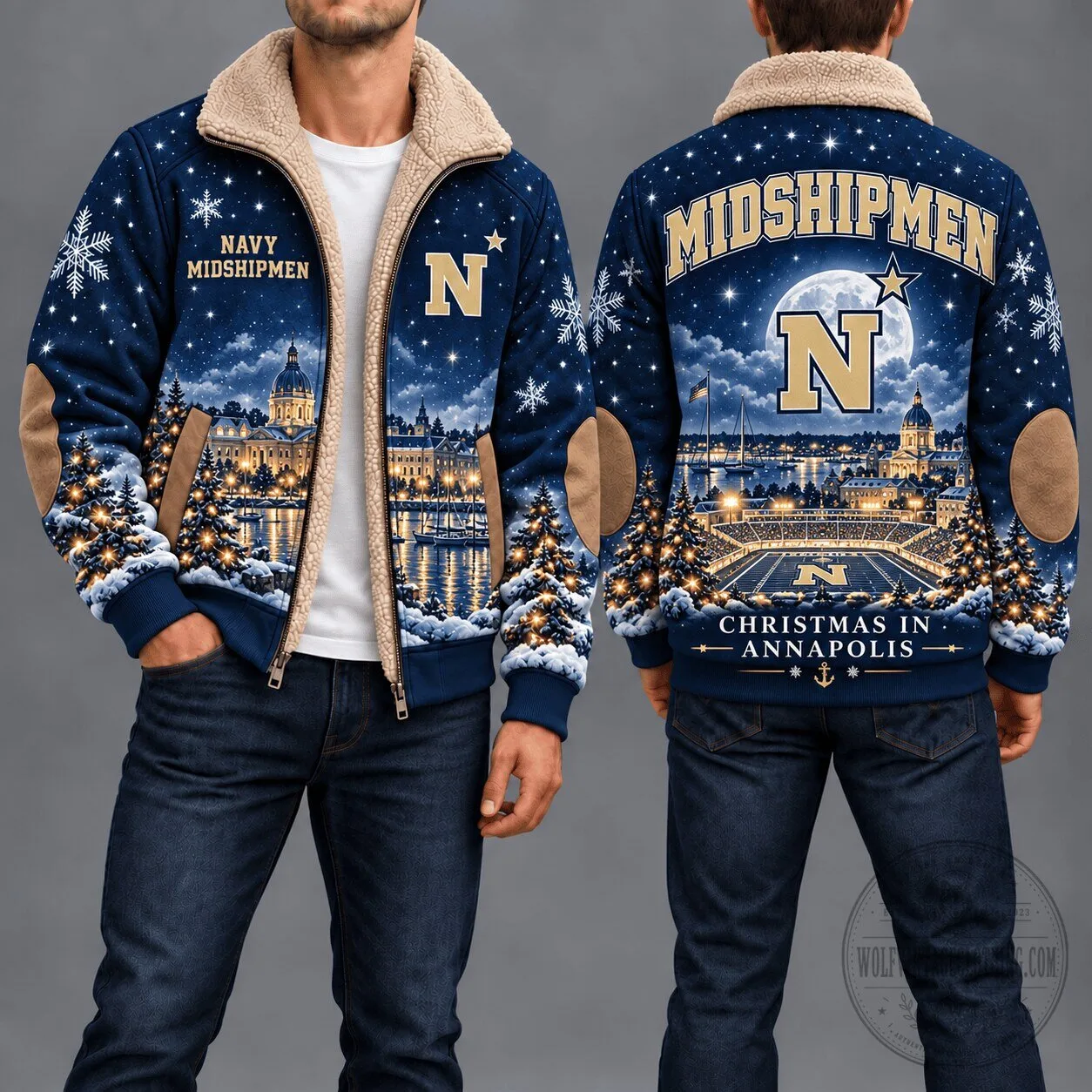 Navy Midshipmen Christmas in Annapolis Winter Fleece Jacket 1 Navy Midshipmen Christmas in Annapolis Winter Fleece Jacket