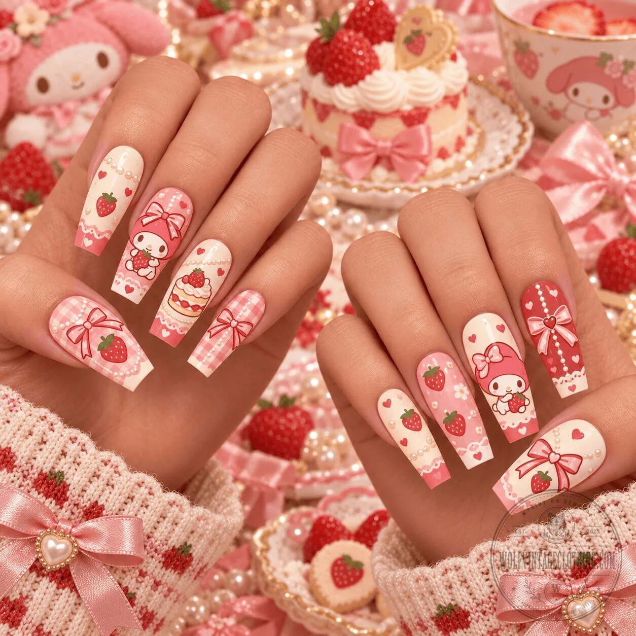 My Melody Strawberry Princess Pink Coquette Bow Press On Nails Set 1 My Melody Strawberry Princess Pink Coquette Bow Press On Nails Set